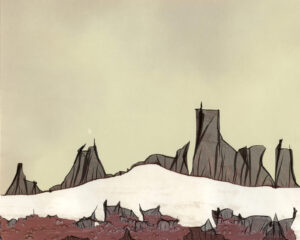 A painting of a mountain with snow on it