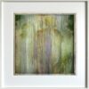 A painting of green and purple colors with white frame.
