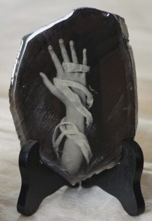 A skeleton hand is shown in the middle of a coffin.