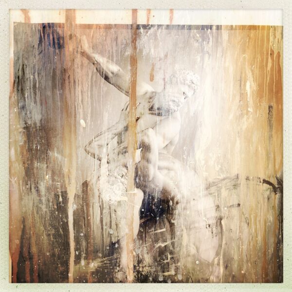 A painting of a person standing in the rain