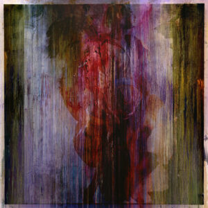 A painting of a woman in the middle of a forest.