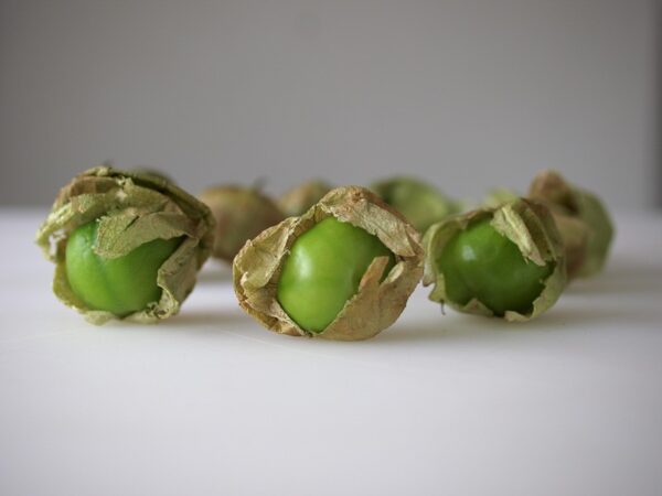 A group of green apples sitting in the middle of a white table.