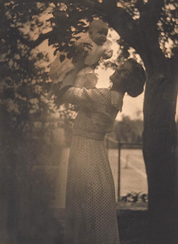 A woman holding onto a tree branch while standing next to a tree.