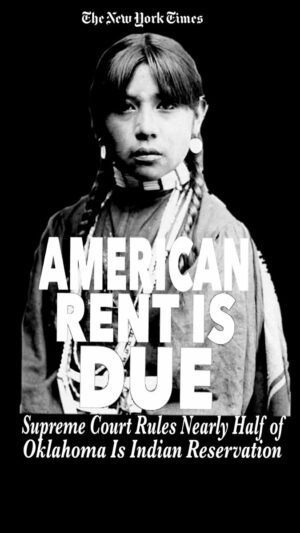 A native american woman with words on her shirt.