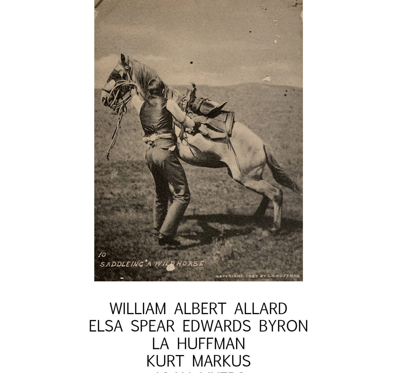 Cowboy saddling a wild horse illustration.