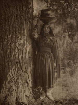 A woman in a dress holding on to a tree
