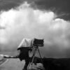 A black and white photo of an umbrella