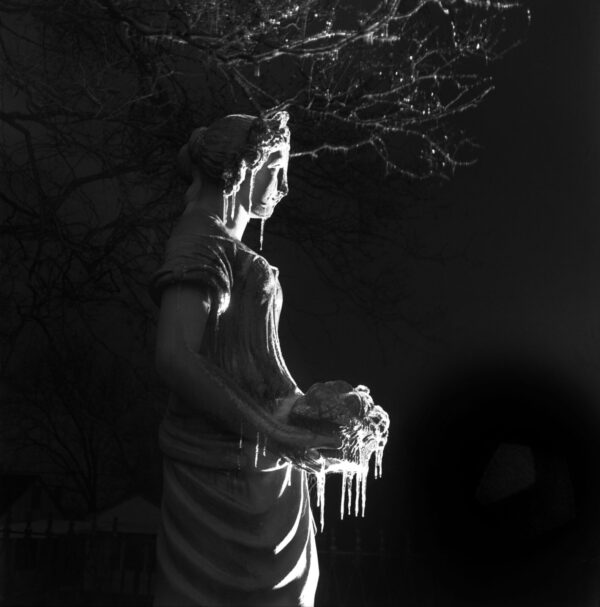 A statue of a woman holding icicles in front of a tree.