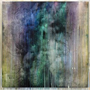 A painting of a person with blue and green colors