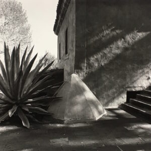 A black and white photo of a building with stairs