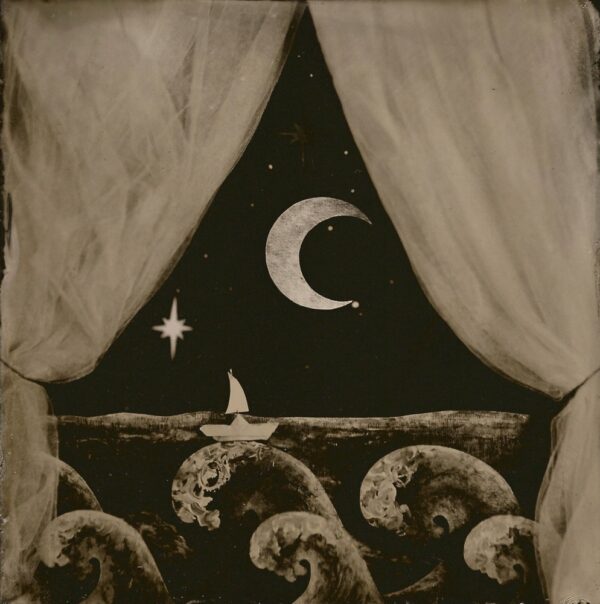 A painting of the moon and stars in front of a window.