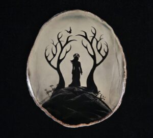 A painting of a woman standing in front of two trees.