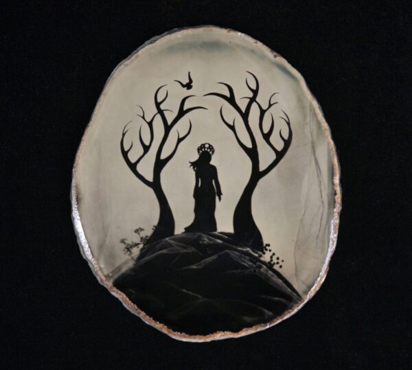 A painting of a woman standing in front of two trees.