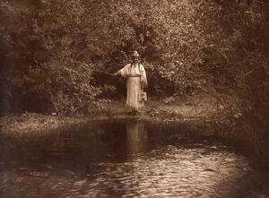 A person standing in the water near some trees.
