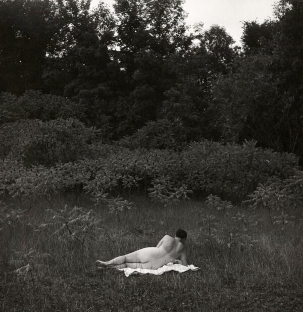 A man and woman laying in the grass.