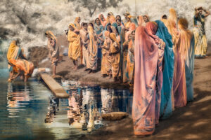 A painting of jesus and his disciples standing by the water.