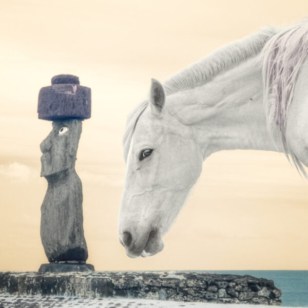 A white horse standing next to a statue.