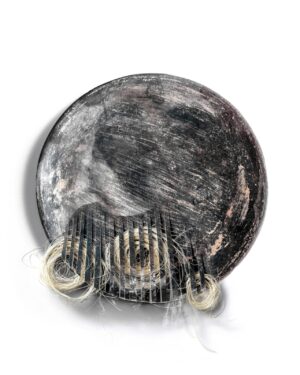 A black plate with some white hair on top of it