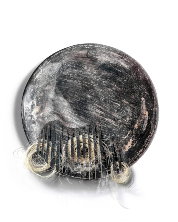 A black plate with some white hair on top of it