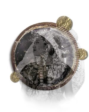 A picture of a woman in a circle with coins around it.