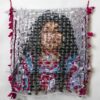 A picture of a woman made out of plastic bags.