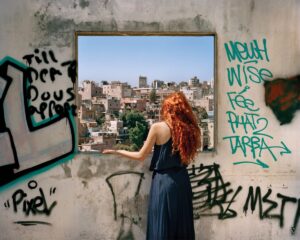 A woman standing in front of a picture on the wall.