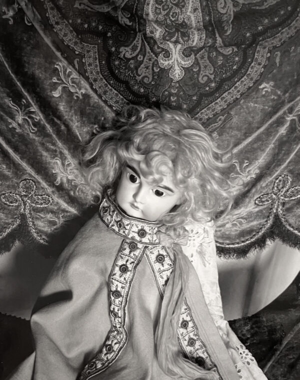 A doll with long hair and a dress