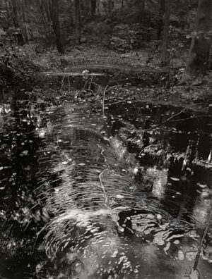 A black and white photo of water in the woods.