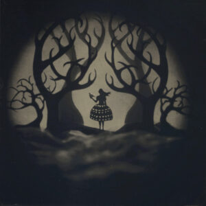 A painting of trees and a girl in the dark