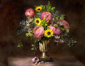 A painting of flowers in a vase with an apple.