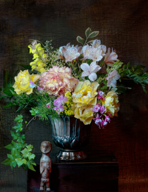A painting of flowers in a vase on a table
