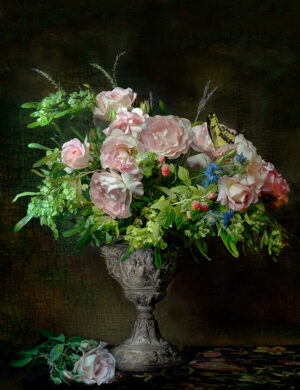 A painting of flowers in a vase