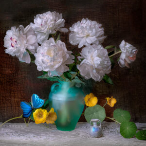 A painting of white flowers in a blue vase