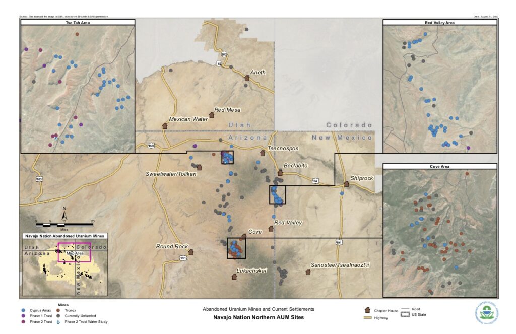 Map of abandoned uranium mines in Navajo Nation.
