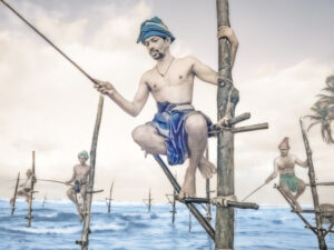 A painting of men fishing in the ocean.