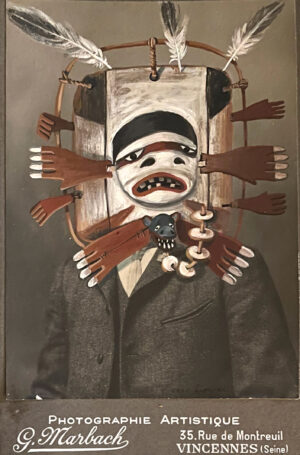 A painting of a man with hands on his chest.