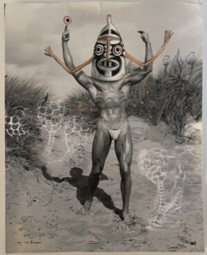 A painting of a man with a mask on his head
