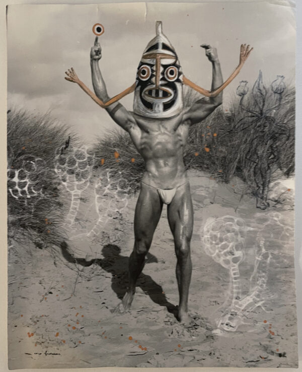 A painting of a man with a mask on his head