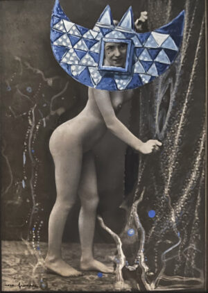 A naked woman with a blue umbrella around her head.