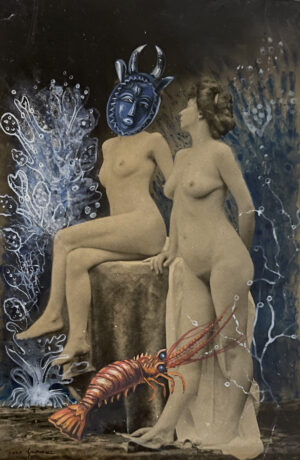 A painting of two women sitting on a rock
