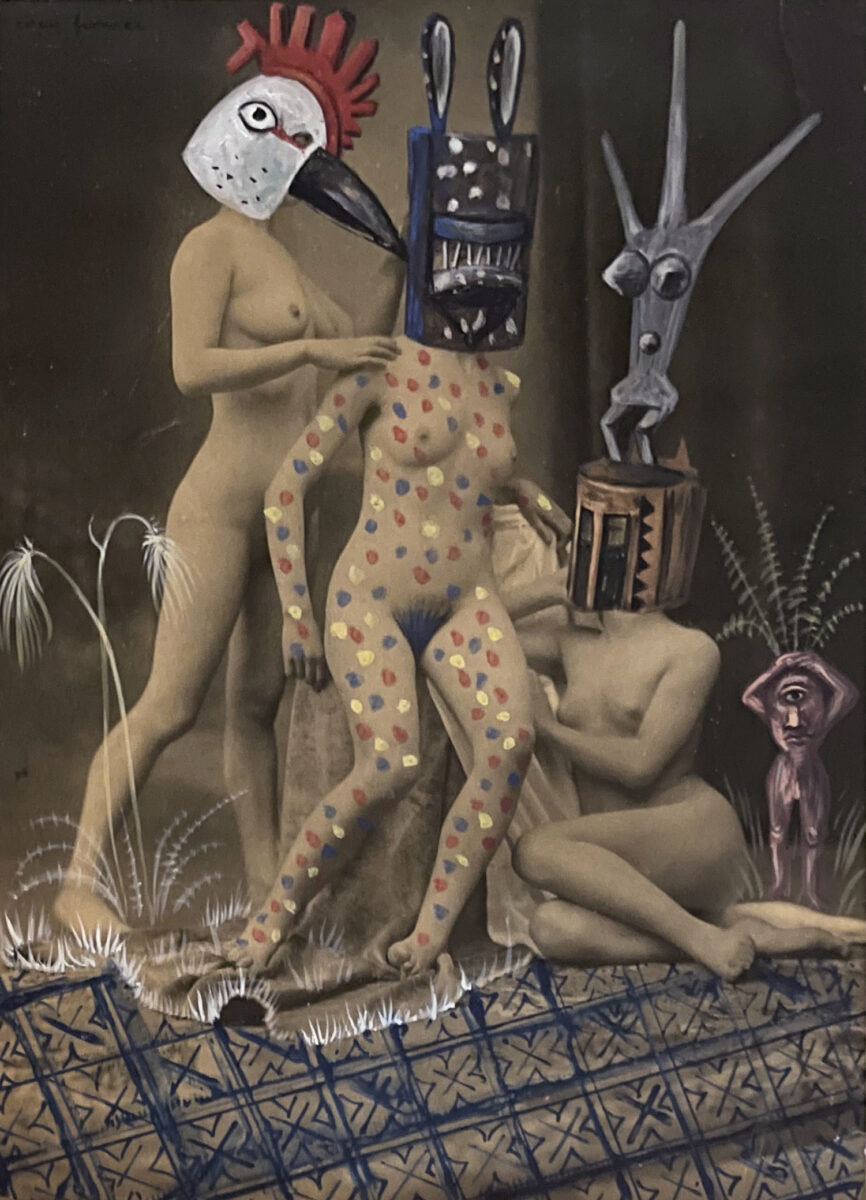 A painting of three naked women with masks on their heads.