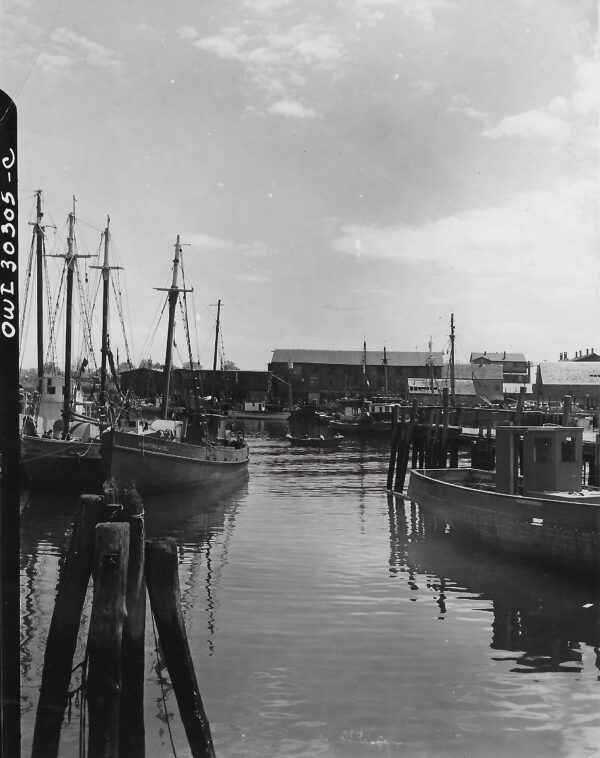 A black and white photo of boats in the water.