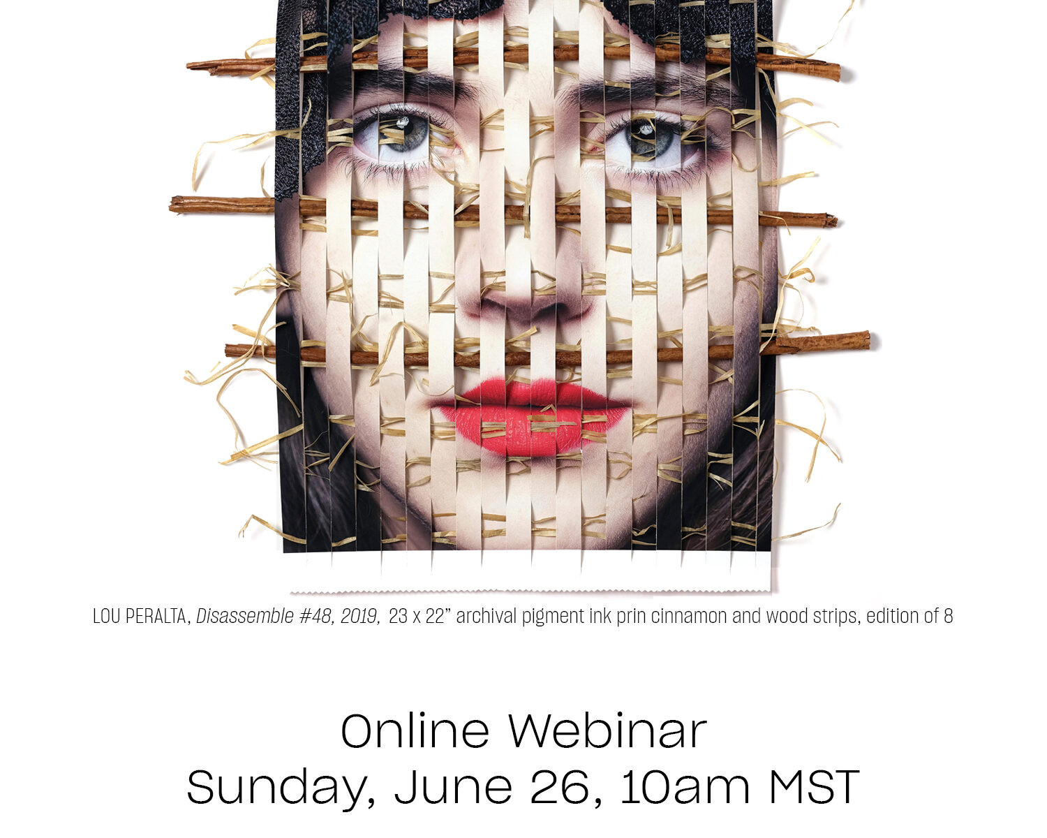 "Art exhibition announcement featuring woven portrait."