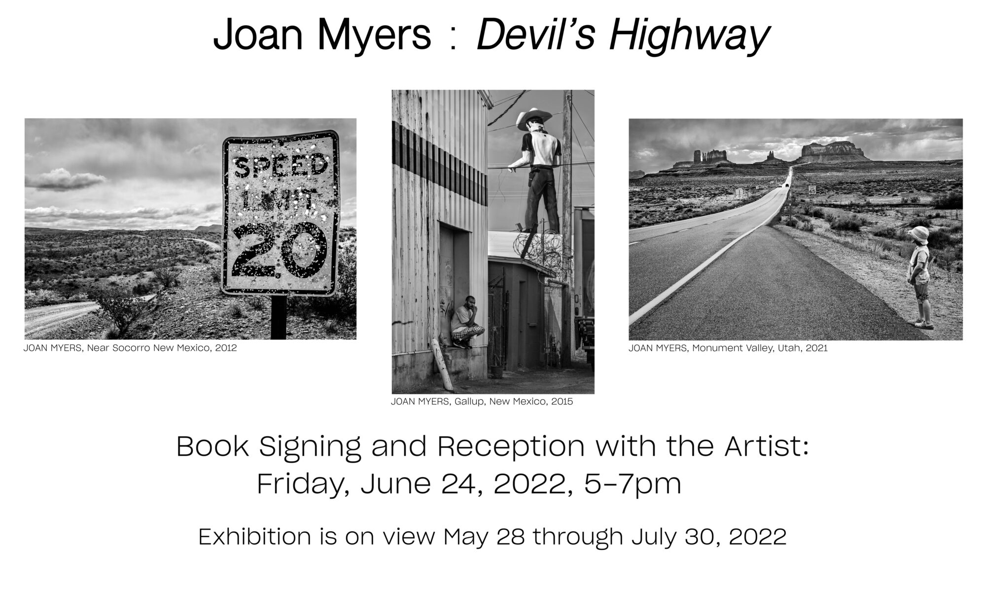 Joan Myers exhibition announcement with three photographs.