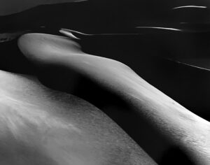 A black and white photo of the back side of a woman 's body.