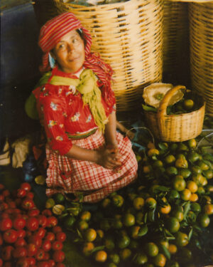 A woman sitting on the ground surrounded by fruit.