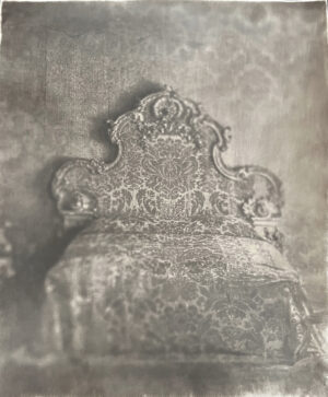 A chair with a fancy back and ornate design.