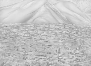 A black and white photo of a mountain with snow