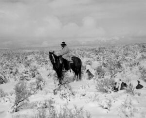 A man riding on the back of a horse through snow covered grass.