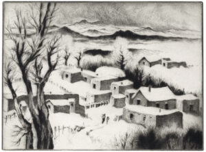A drawing of a snowy landscape with houses